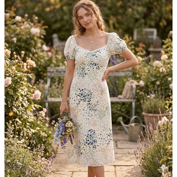 Monteau Dresses & Skirts - Monteau Floral Babydoll Midi Dress Size L Cottagecore Lace Trim Peasant Milkmaid
